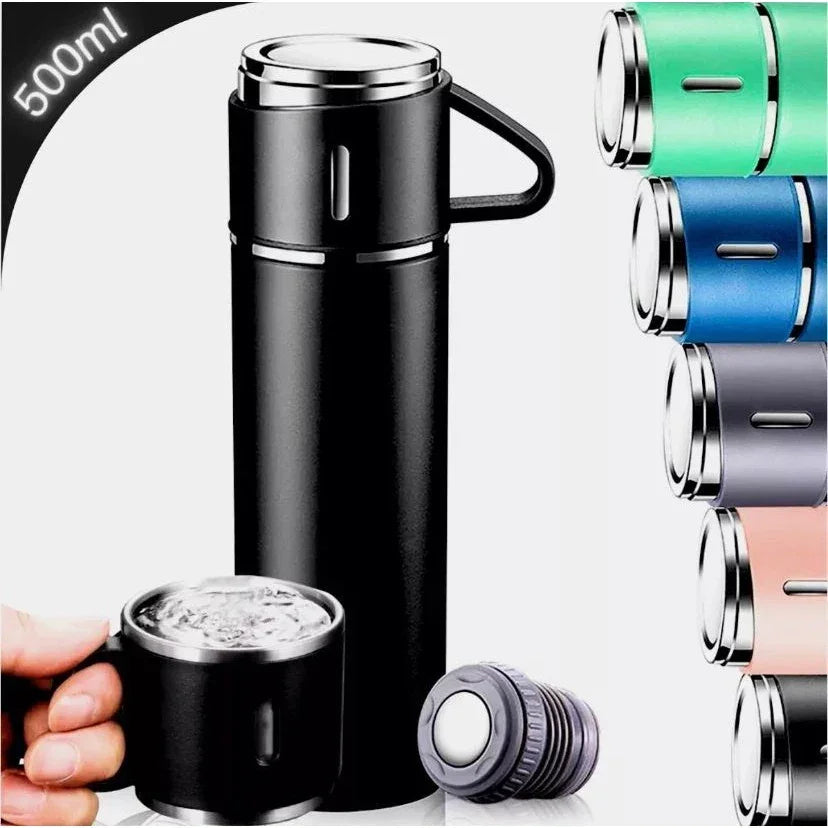 Kit Garrafa Térmica 500ml + 3 Xícaras – Praticidade e Elegância