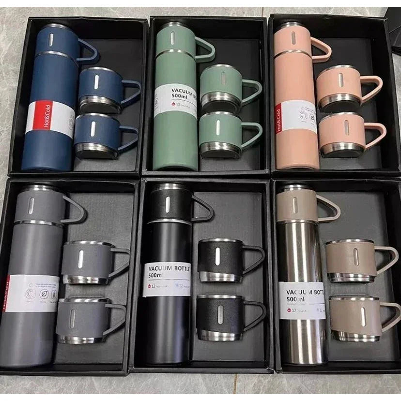 Kit Garrafa Térmica 500ml + 3 Xícaras – Praticidade e Elegância