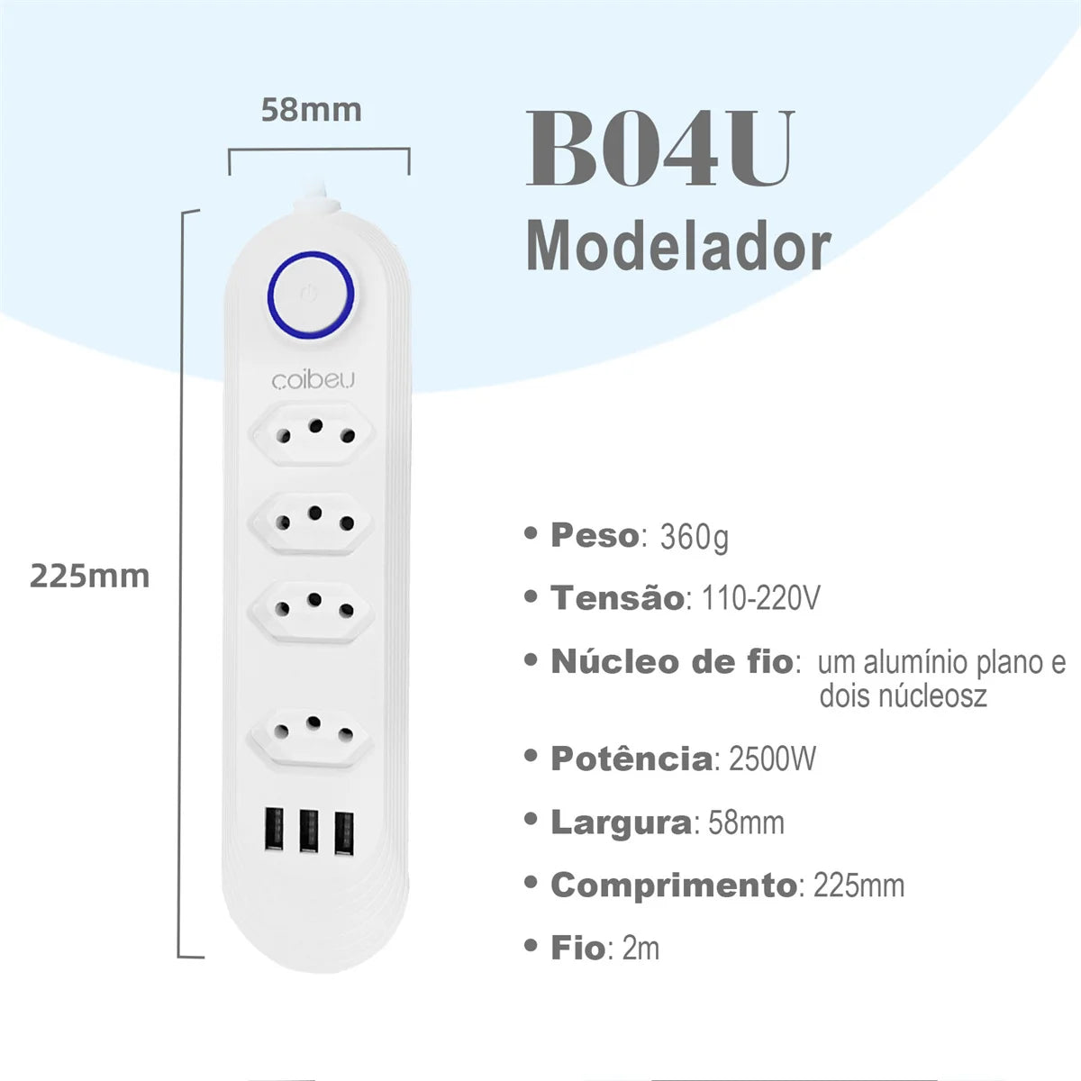 Torre de Tomadas Retrátil com USB – Extensão 2m Padrão Brasil