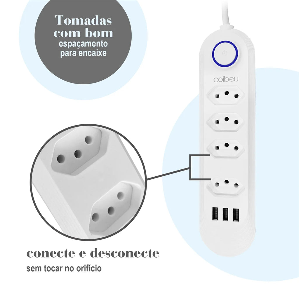 Torre de Tomadas Retrátil com USB – Extensão 2m Padrão Brasil